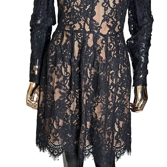 Michael Kors Lace Dress Black Puff Sleeve Nude Lining Floral Overlay Party SZ 4 - Picture 7 of 14